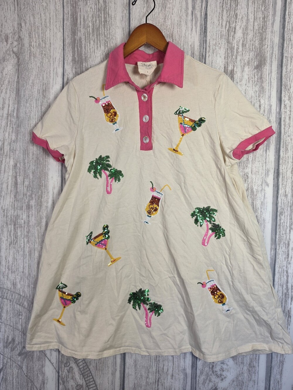 Fantastc Fawn Tropical Palm Tree & Cocktail Sequin Polo Mini Dress Pockets S E5
